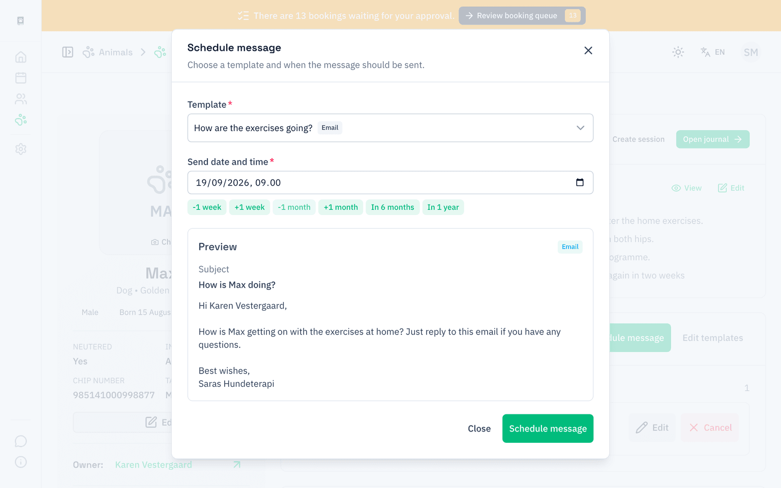 Scheduling a message for an animal in PawNote with a template, send time, and preview
