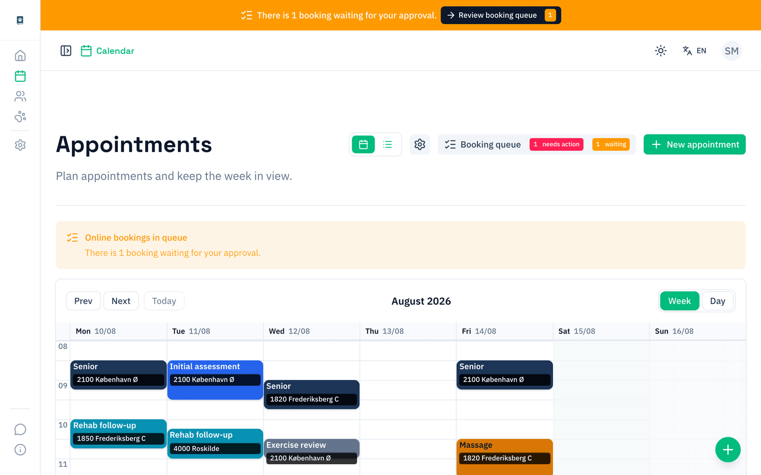 PawNote's calendar with online bookings and practice-created appointments