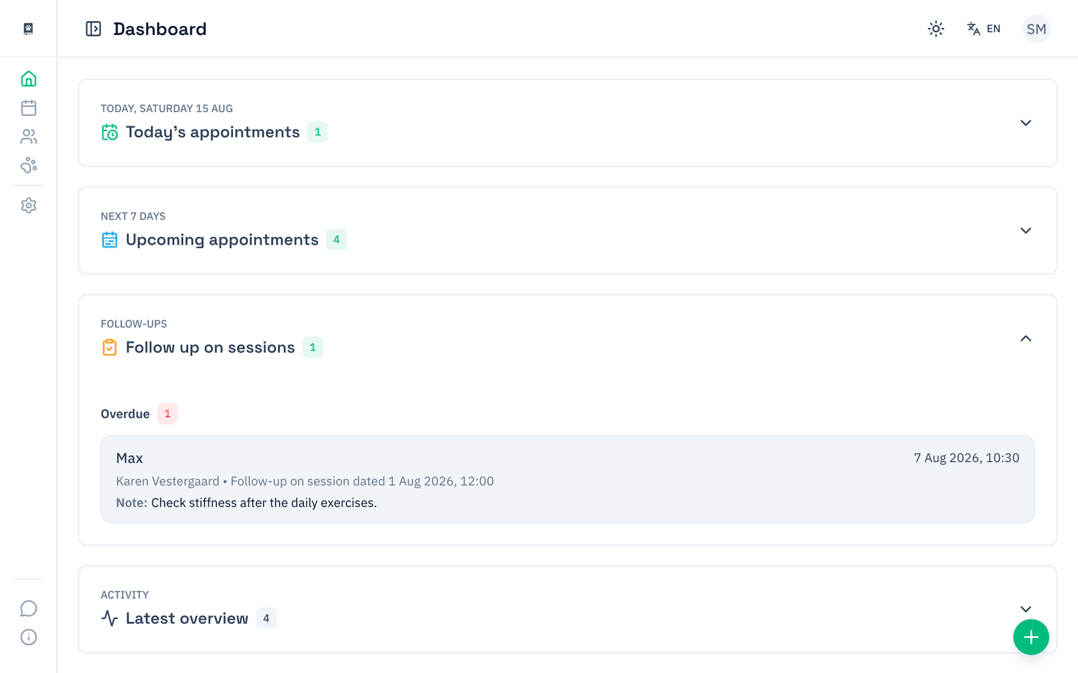 The PawNote dashboard with today's appointment, upcoming appointments, and a follow-up